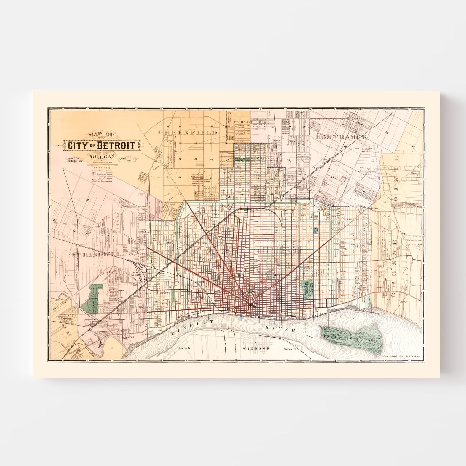 Vintage Map of Detroit, Michigan 1893