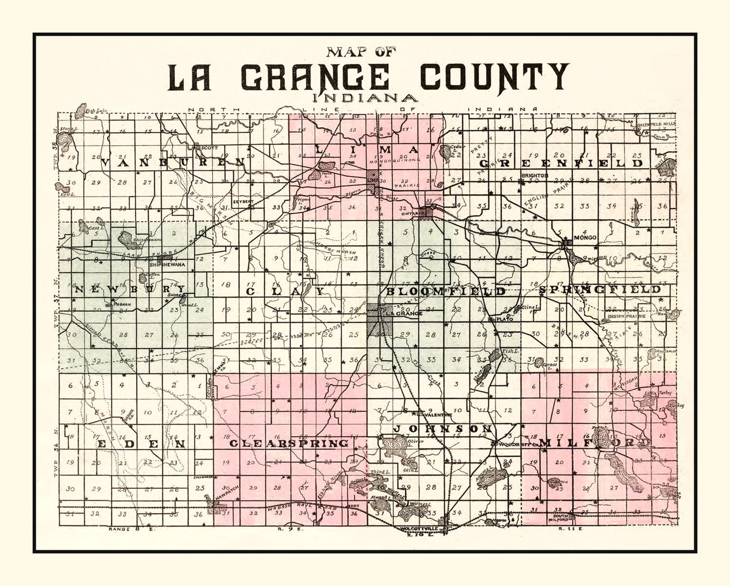 Vintage Map of Lagrange County, Indiana 1893