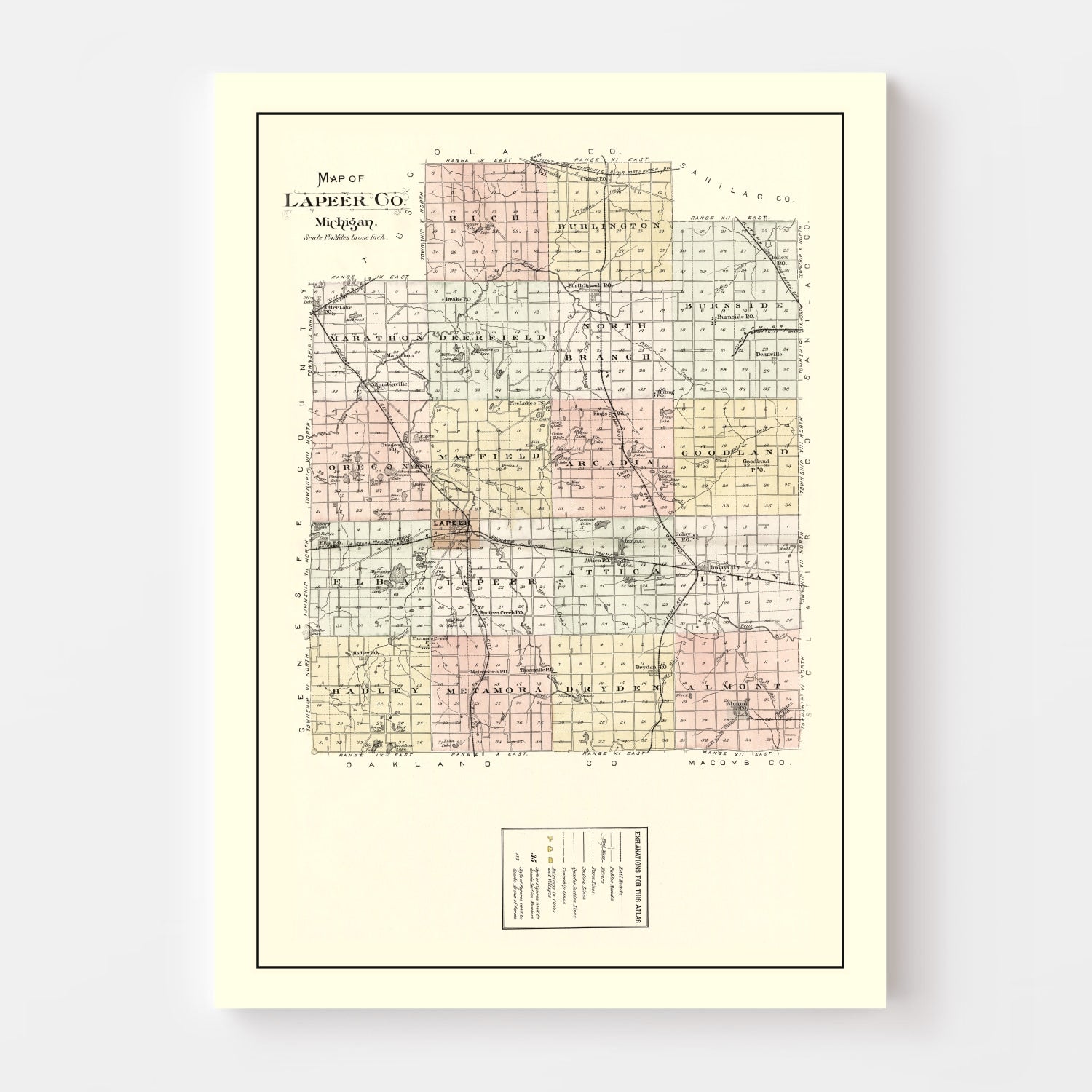 Vintage Map of Lapeer County, Michigan 1893