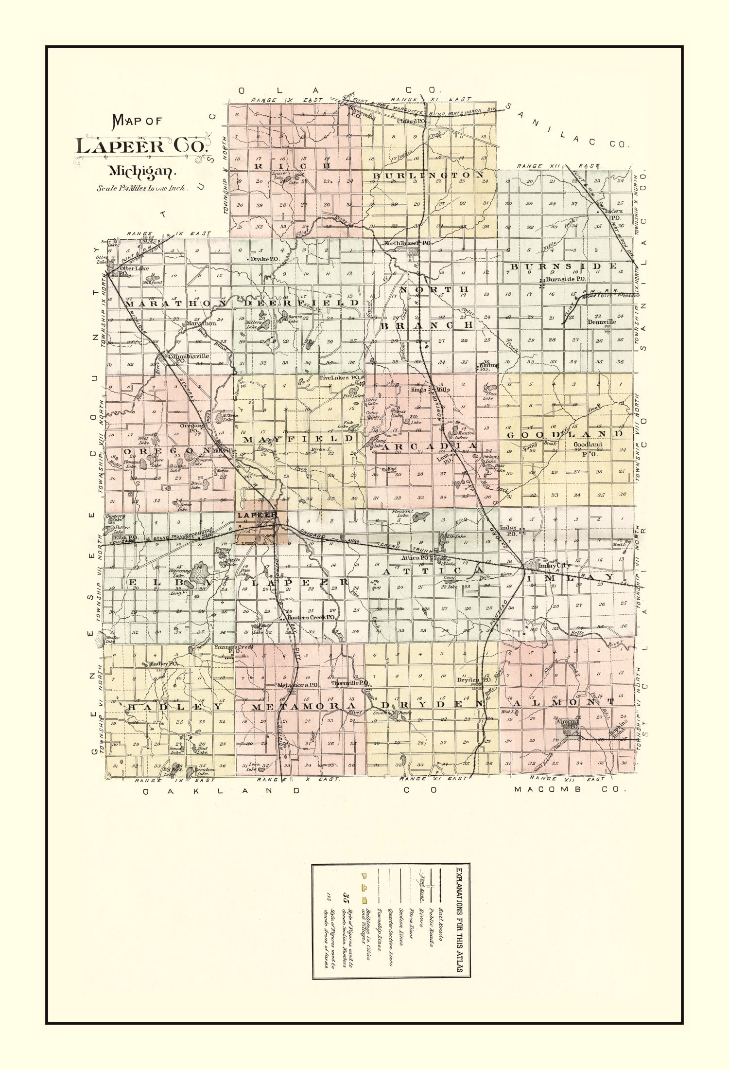 Vintage Map of Lapeer County, Michigan 1893