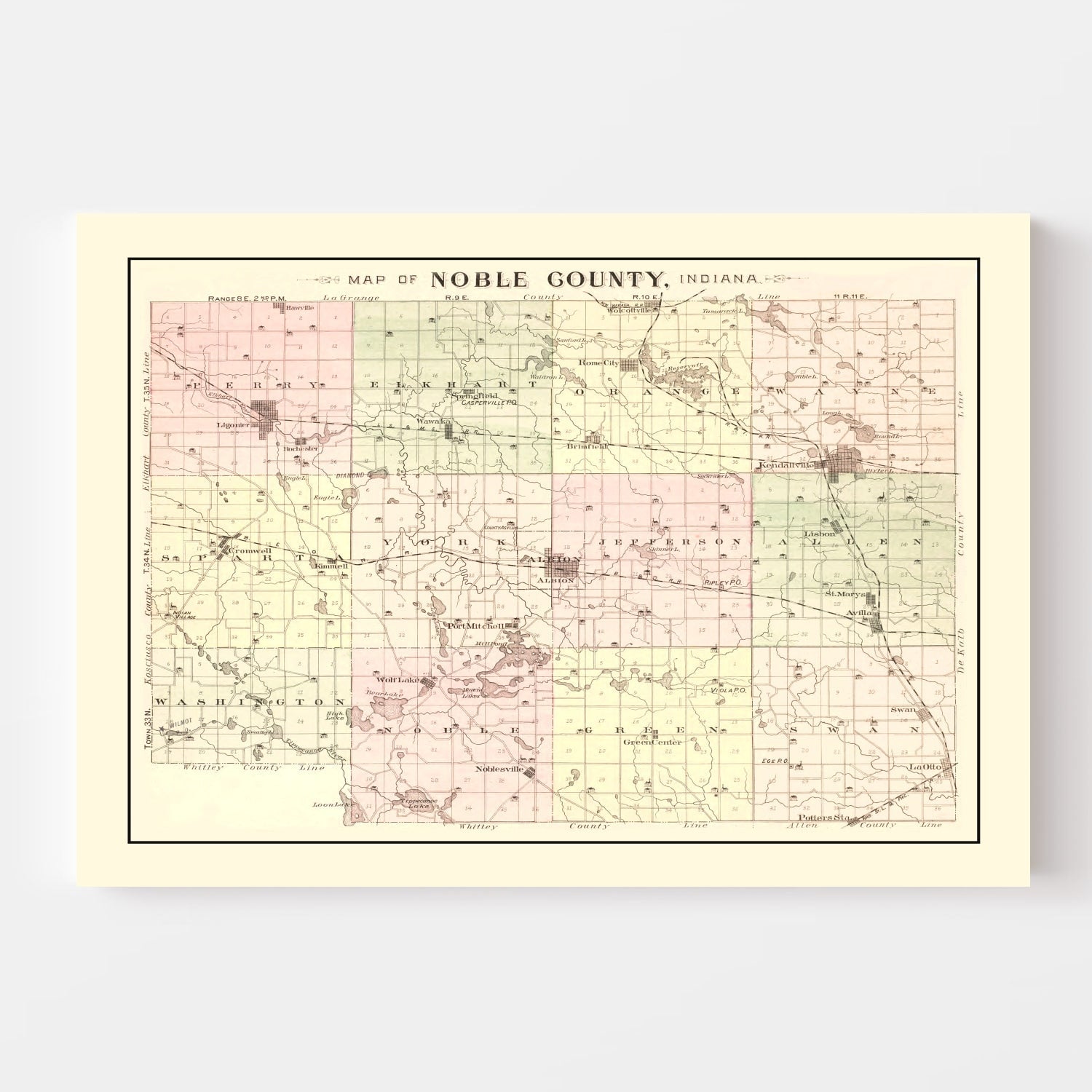 Vintage Map of Noble County, Indiana 1893