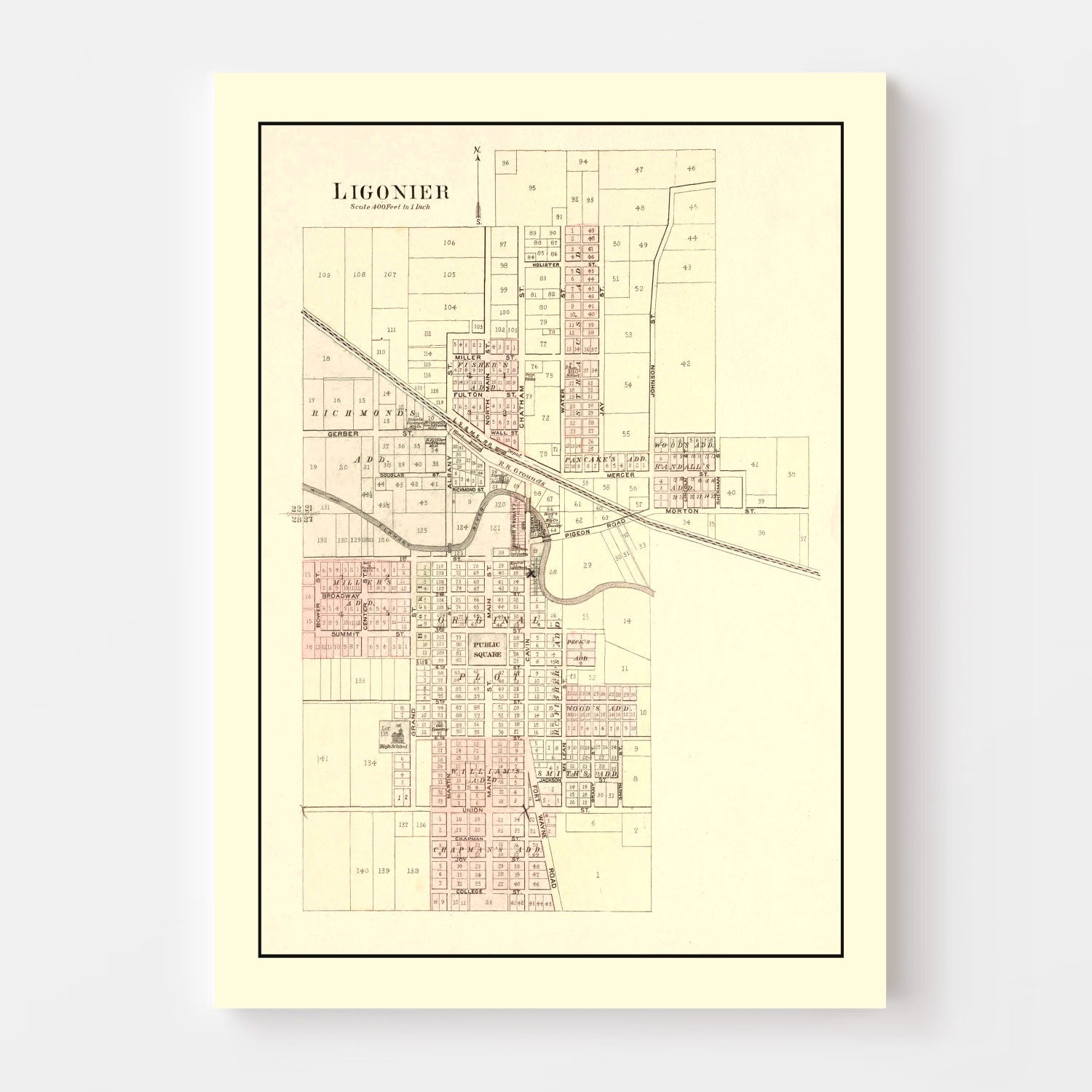 Vintage Map of Ligonier, Indiana 1893