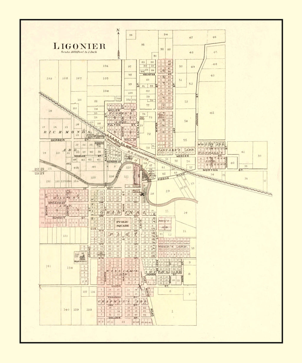 Vintage Map of Ligonier, Indiana 1893
