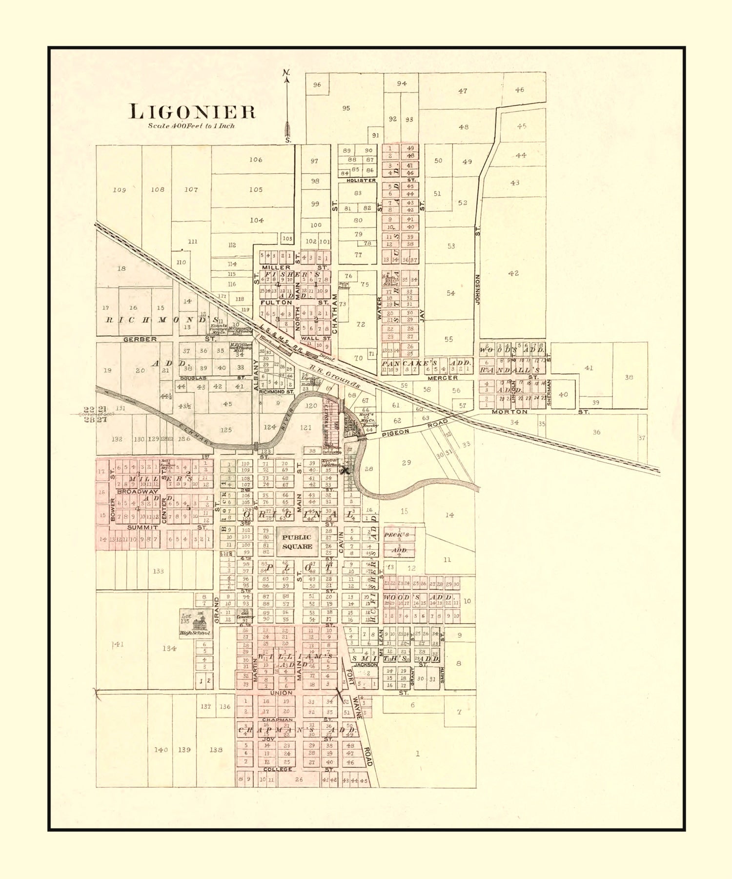 Vintage Map of Ligonier, Indiana 1893
