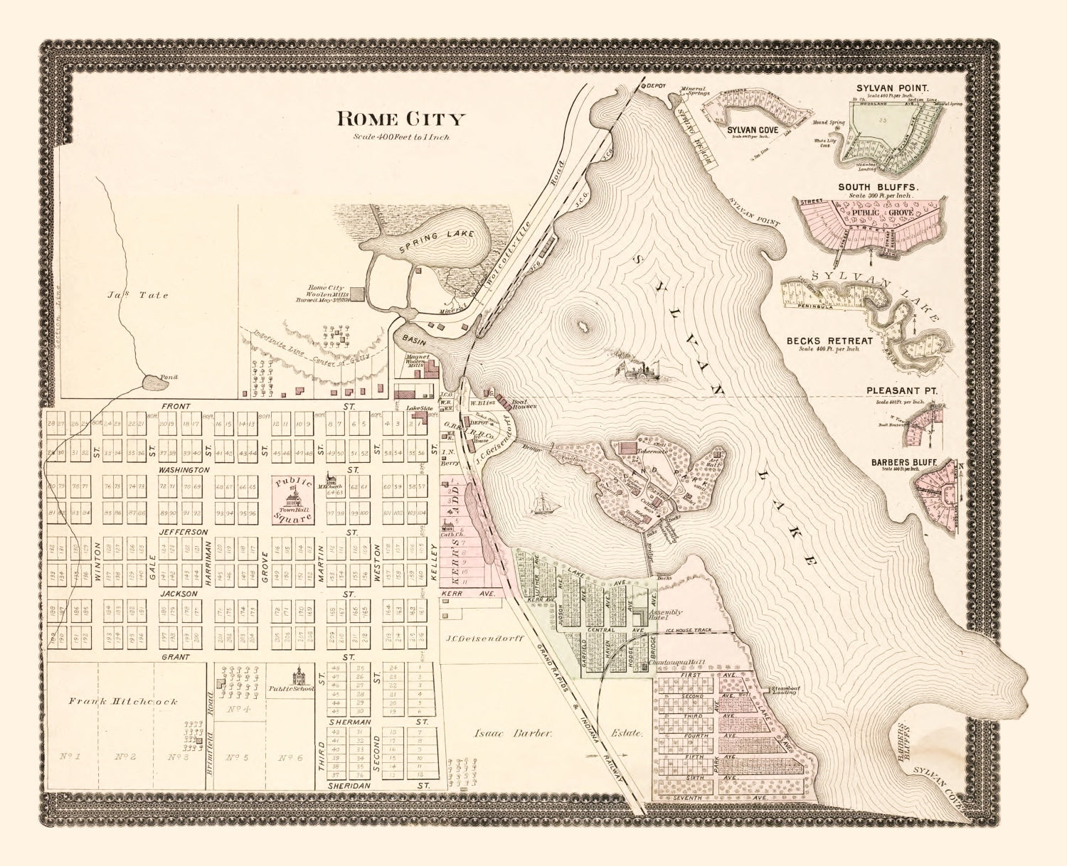 Vintage Map of Rome City, Indiana 1893
