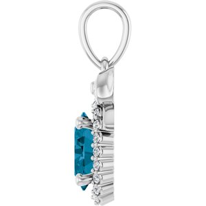 Platinum Natural London Blue Topaz & .08 CTW Natural Diamond Bow Pendant