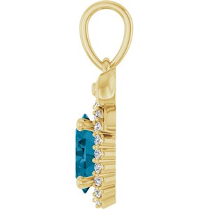 14K Yellow Gold Natural London Blue Topaz & .08 CTW Natural Diamond Bow Pendant
