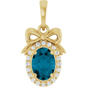 14K Yellow Gold Natural London Blue Topaz & .08 CTW Natural Diamond Bow Pendant