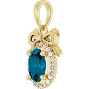 14K Yellow Gold Natural London Blue Topaz & .08 CTW Natural Diamond Bow Pendant