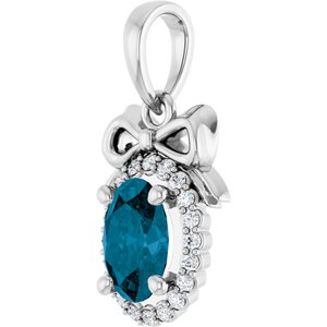 14K White Gold Natural London Blue Topaz & .08 CTW Natural Diamond Bow Pendant