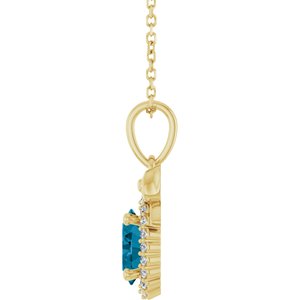 14K Yellow Gold Natural London Blue Topaz & .08 CTW Natural Diamond Bow 16-18" Necklace