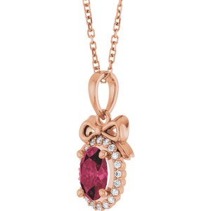 14K Rose Gold Natural Rhodolite Garnet & .08 CTW Natural Diamond Bow 16-18" Necklace