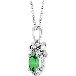 Sterling Silver Natural Tsavorite Garnet & .08 CTW Natural Diamond Bow 16-18" Necklace