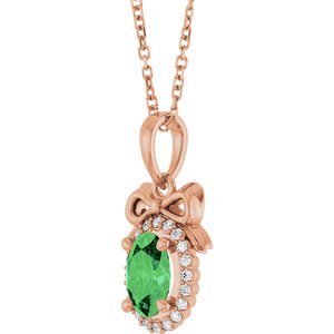 14K Rose Gold Natural Tsavorite Garnet & .08 CTW Natural Diamond Bow 16-18" Necklace