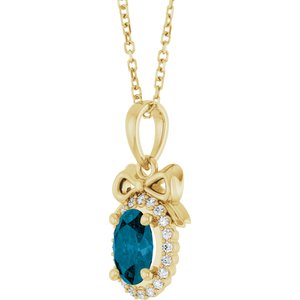 14K Yellow Gold Natural London Blue Topaz & .08 CTW Natural Diamond Bow 16-18" Necklace