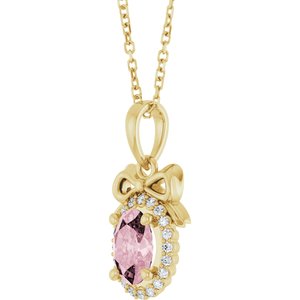 14K Yellow Gold Natural Pink Morganite & .08 CTW Natural Diamond Bow 16-18" Necklace