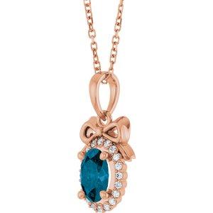 14K Rose Gold Natural London Blue Topaz & .08 CTW Natural Diamond Bow 16-18" Necklace