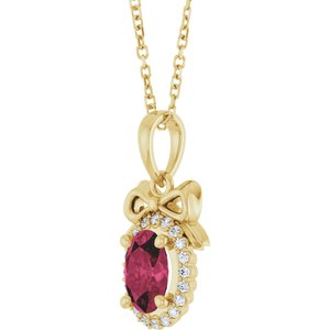 14K Yellow Gold Natural Rhodolite Garnet & .08 CTW Natural Diamond Bow 16-18" Necklace
