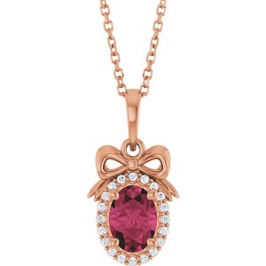 14K Rose Gold Natural Rhodolite Garnet & .08 CTW Natural Diamond Bow 16-18" Necklace