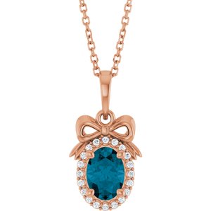 14K Rose Gold Natural London Blue Topaz & .08 CTW Natural Diamond Bow 16-18" Necklace