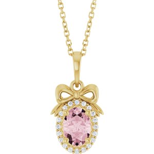 14K Yellow Gold Natural Pink Morganite & .08 CTW Natural Diamond Bow 16-18" Necklace