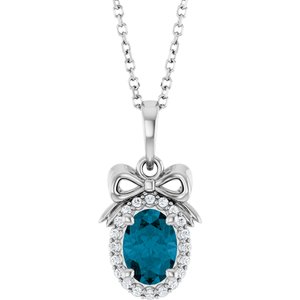 Platinum Natural London Blue Topaz & .08 CTW Natural Diamond Bow 16-18" Necklace
