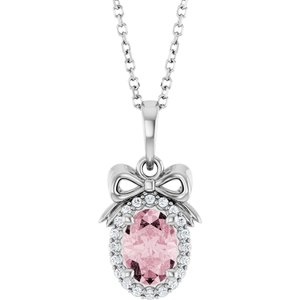 Platinum Natural Pink Morganite & .08 CTW Natural Diamond Bow 16-18" Necklace