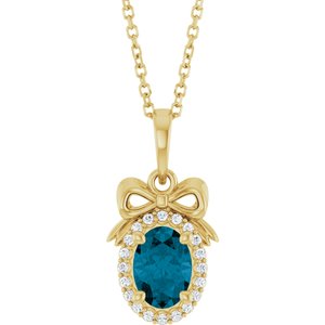 14K Yellow Gold Natural London Blue Topaz & .08 CTW Natural Diamond Bow 16-18" Necklace