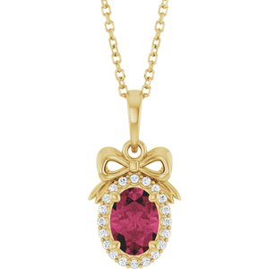 14K Yellow Gold Natural Rhodolite Garnet & .08 CTW Natural Diamond Bow 16-18" Necklace