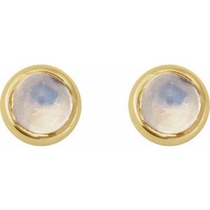 14K Yellow Gold Cabochon Natural Rainbow Moonstone Stud Earring