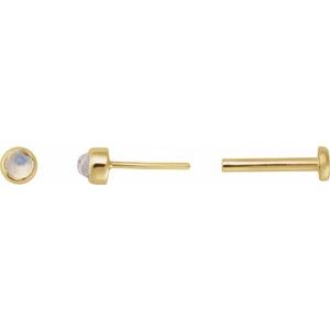 14K Yellow Gold Cabochon Natural Rainbow Moonstone Stud Earring