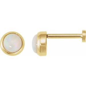 14K Yellow Gold Cabochon Natural White Opal Stud Earring