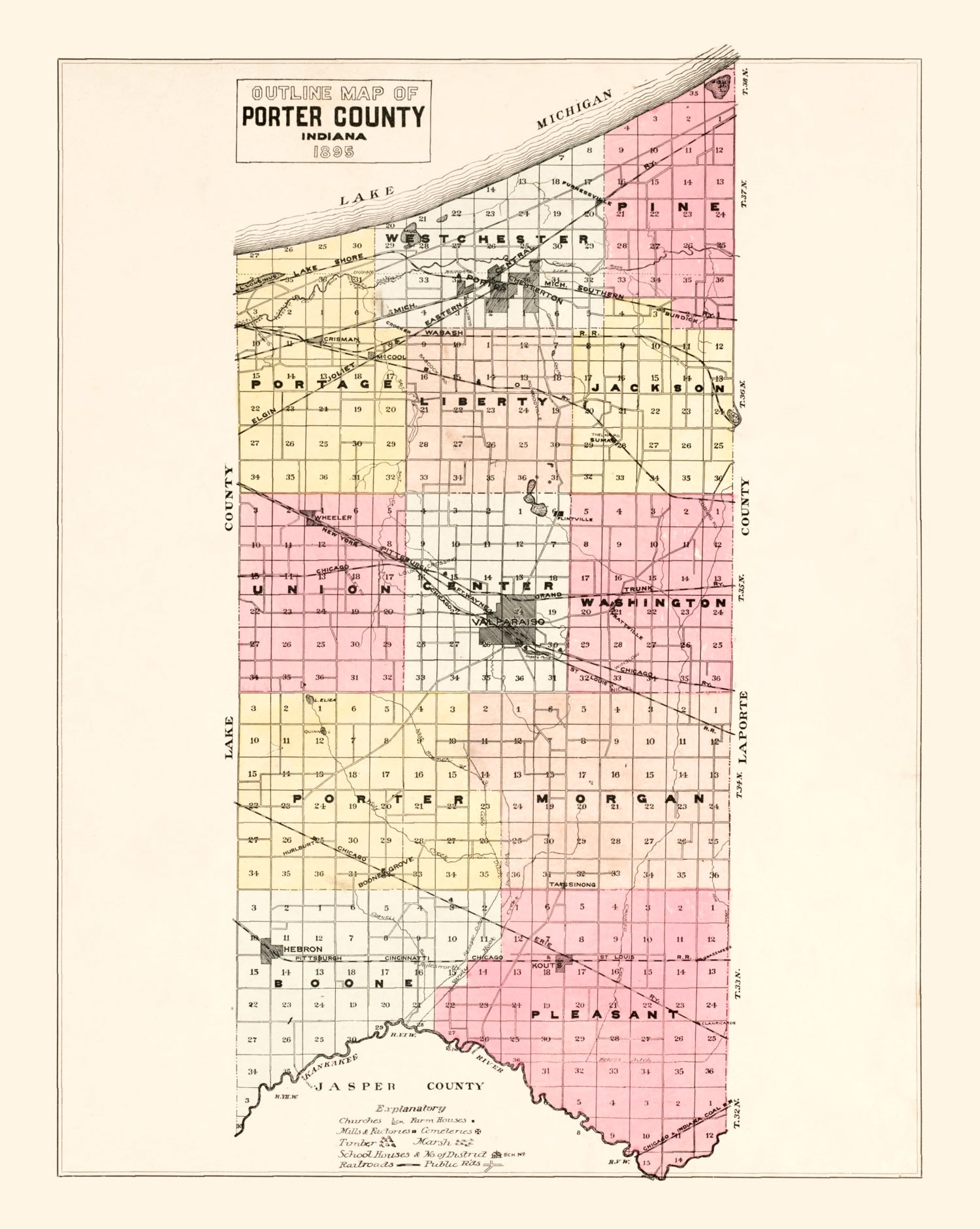 Vintage Map of Porter County, Indiana 1895