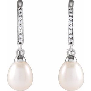 Rhodium-Plated Sterling Silver Cultured White Freshwater Pearl & Imitation Cubic Zirconia Earrings – image 2