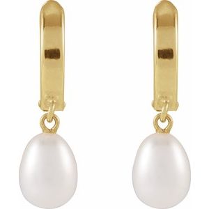 14K Yellow Gold Cultured White Freshwater Pearl Hoop Earrings