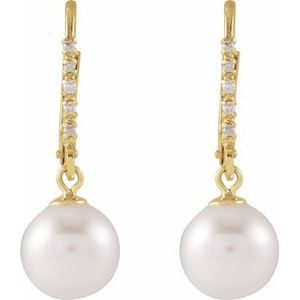 14K Yellow Gold Cultured White Freshwater Pearl & .05 CTW Natural Diamond Lever Back Earrings