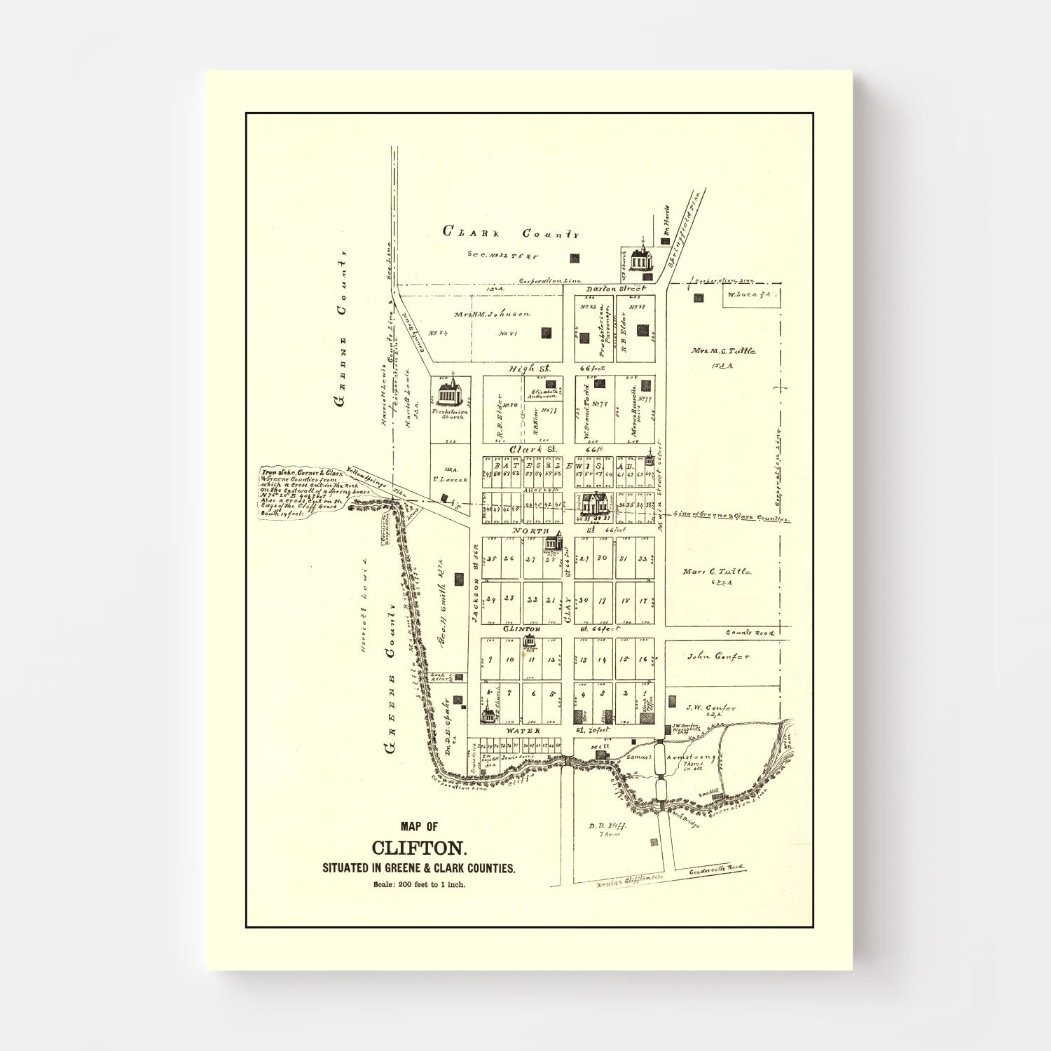 Vintage Map of Clifton, Ohio 1896