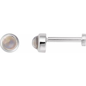 14K White Gold Cabochon Natural Rainbow Moonstone Stud Earring