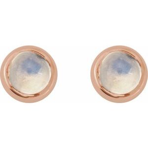 14K Rose Gold Cabochon Natural Rainbow Moonstone Stud Earring