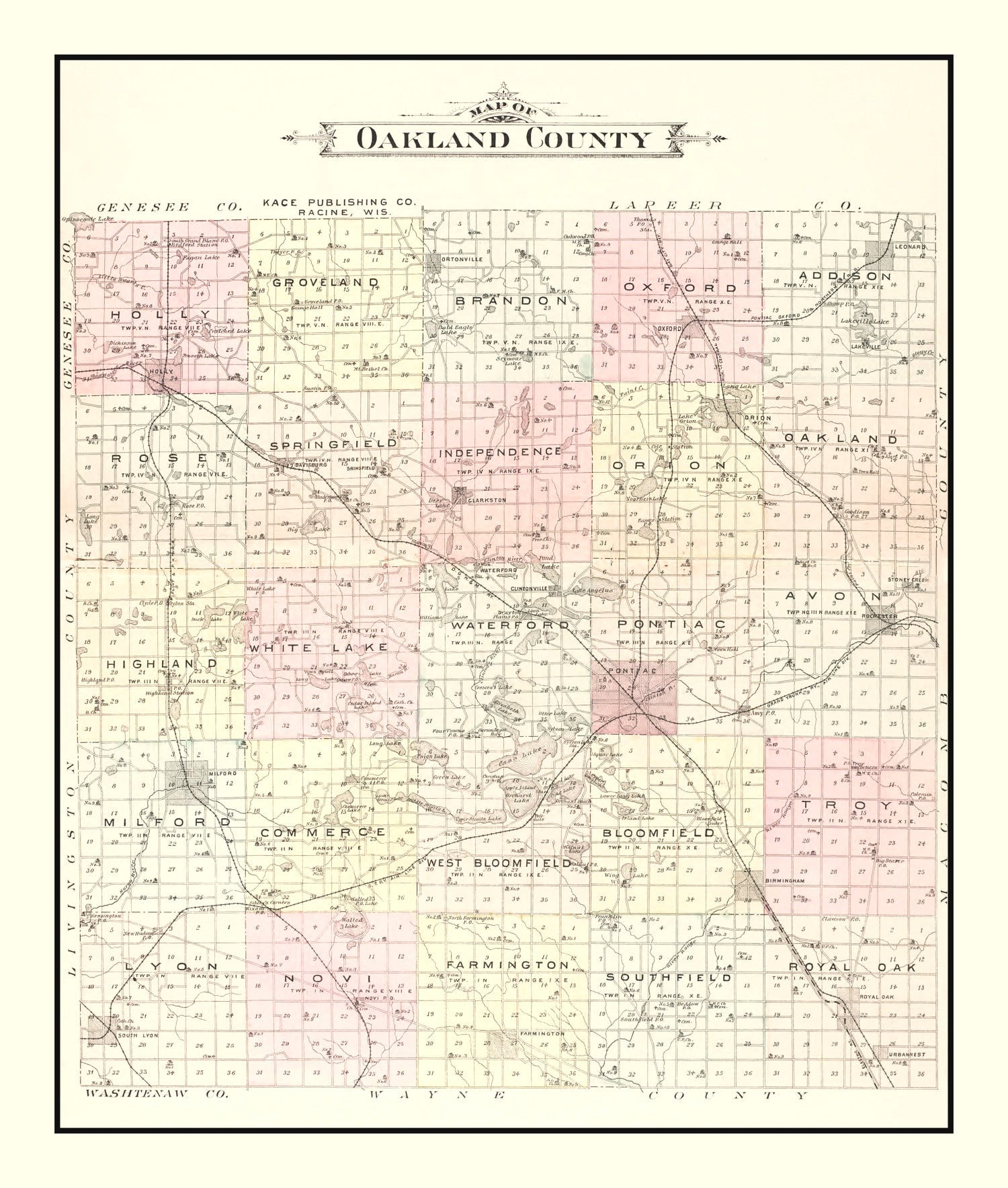 Vintage Map of Oakland County, Michigan 1896