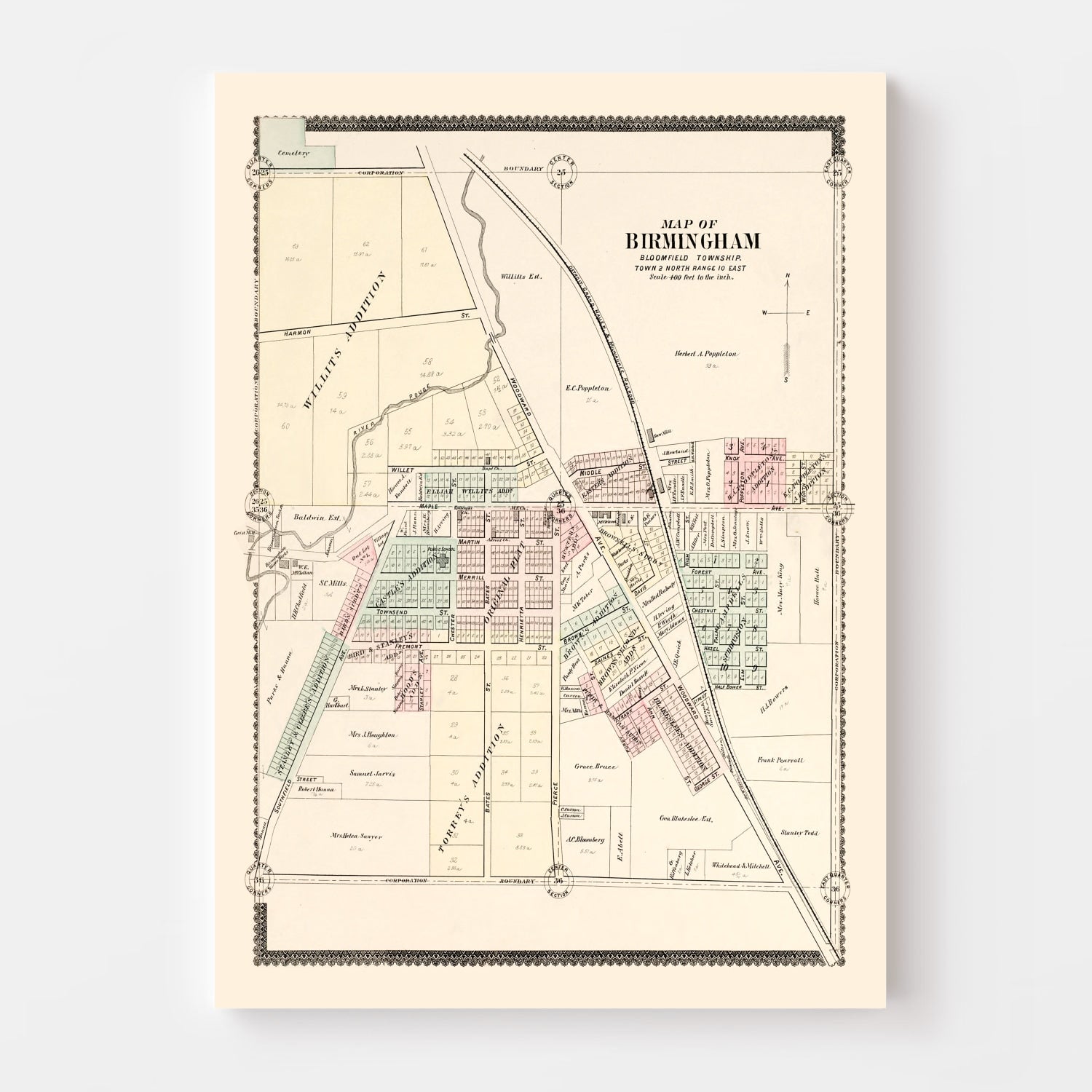 Vintage Map of Birmingham, Michigan 1896