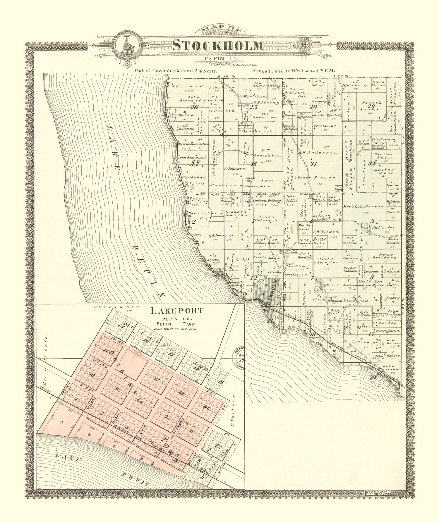 Vintage Map of Stockholm, Wisconsin 1896