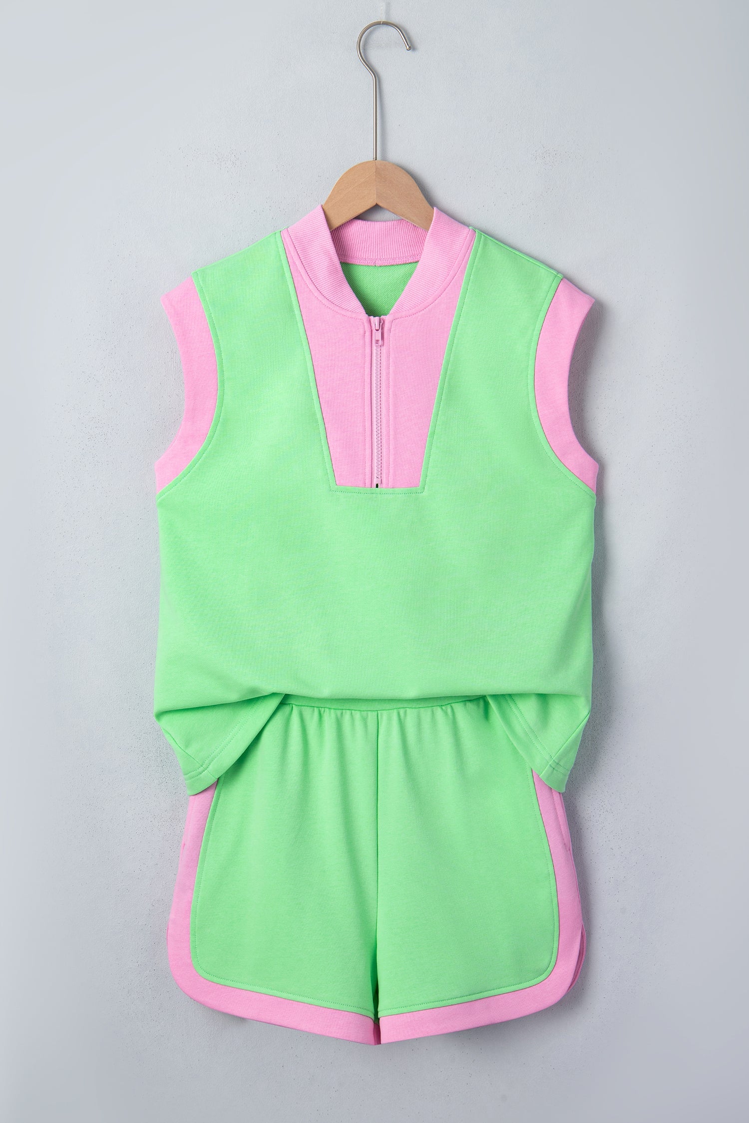 Colorblock Accent Half Zip Athleisure Top & Shorts Set