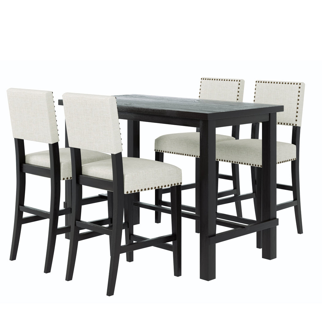 TREXM Classic Elegant 5-Piece Counter Height Dining Set with Table and 4 Chairs in Espresso and Beige