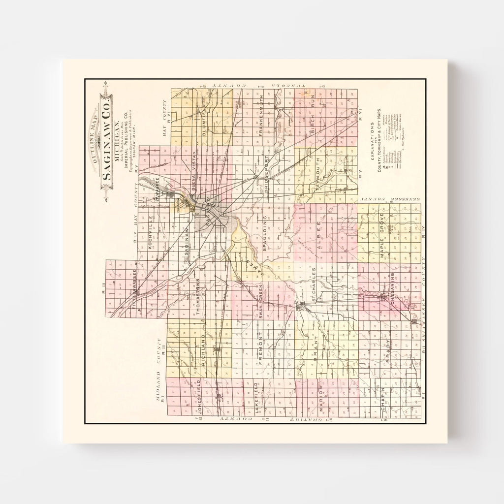 Vintage Map of Saginaw County, Michigan 1896