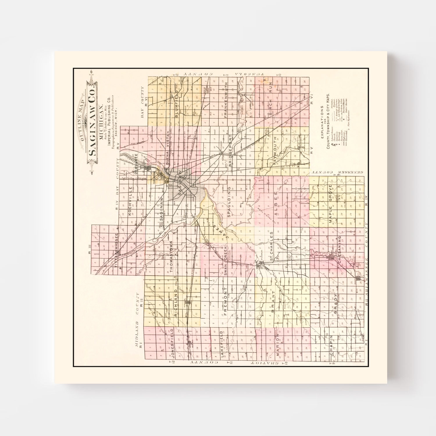 Vintage Map of Saginaw County, Michigan 1896