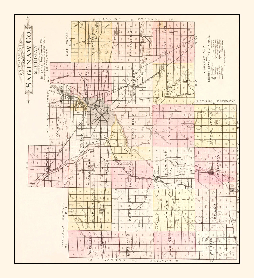 Vintage Map of Saginaw County, Michigan 1896