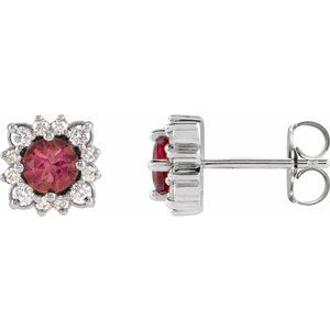 Platinum Natural Pink Tourmaline & .08 CTW Natural Diamond Halo-Style Earrings