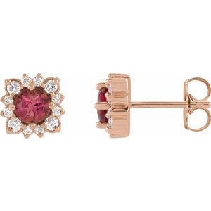 14K Rose Gold Natural Pink Tourmaline & 1/5 CTW Natural Diamond Halo-Style Earrings