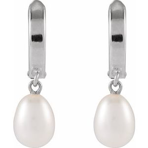 14K White Gold Cultured White Freshwater Pearl Hoop Earrings